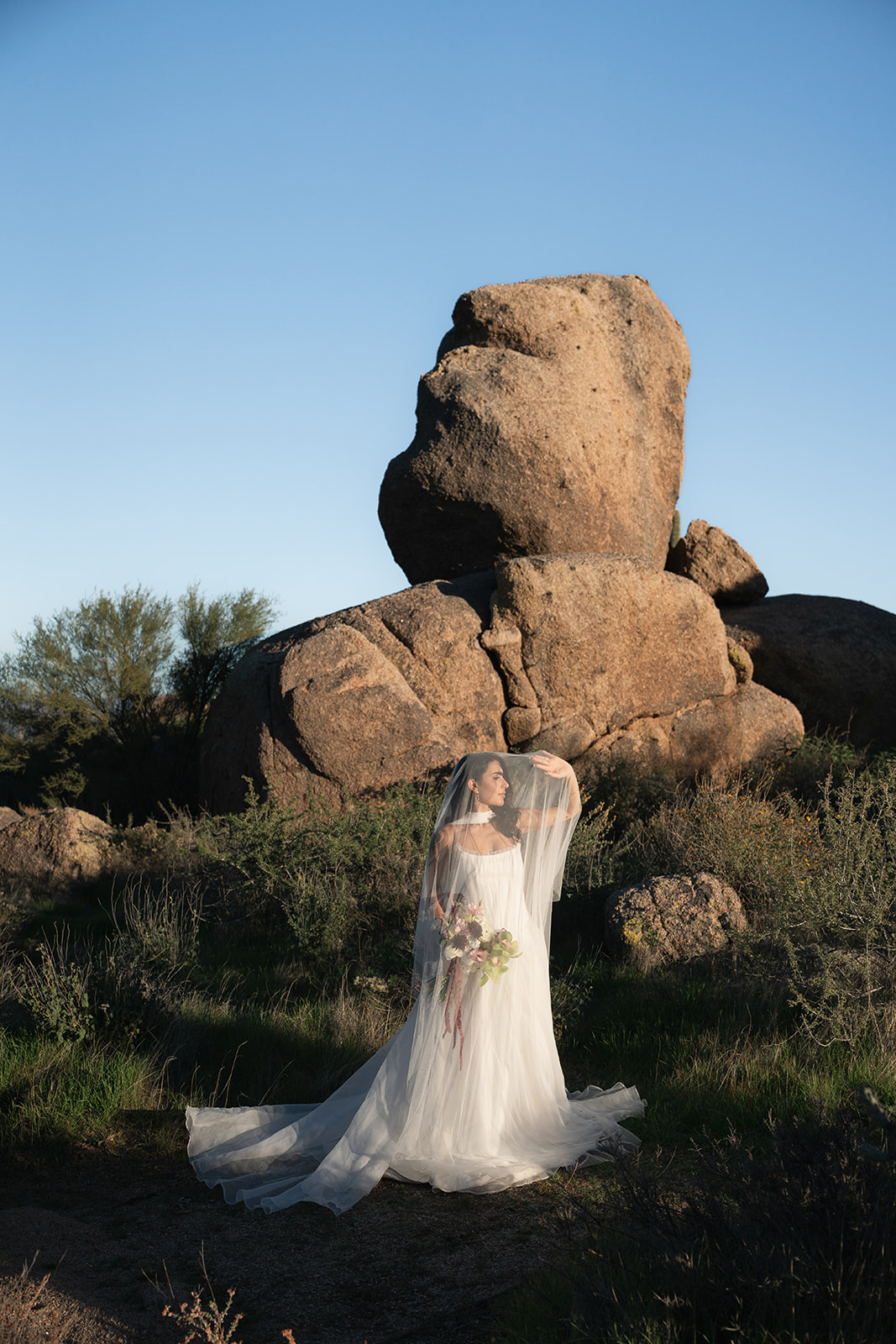 Bride alone among desert rocks