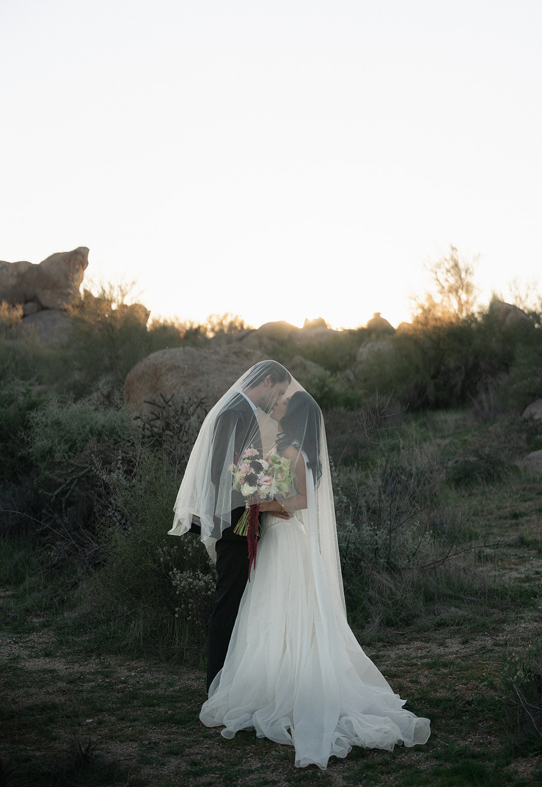 Bride and groom under a veil in Arizona desert at their non-traditional wedding