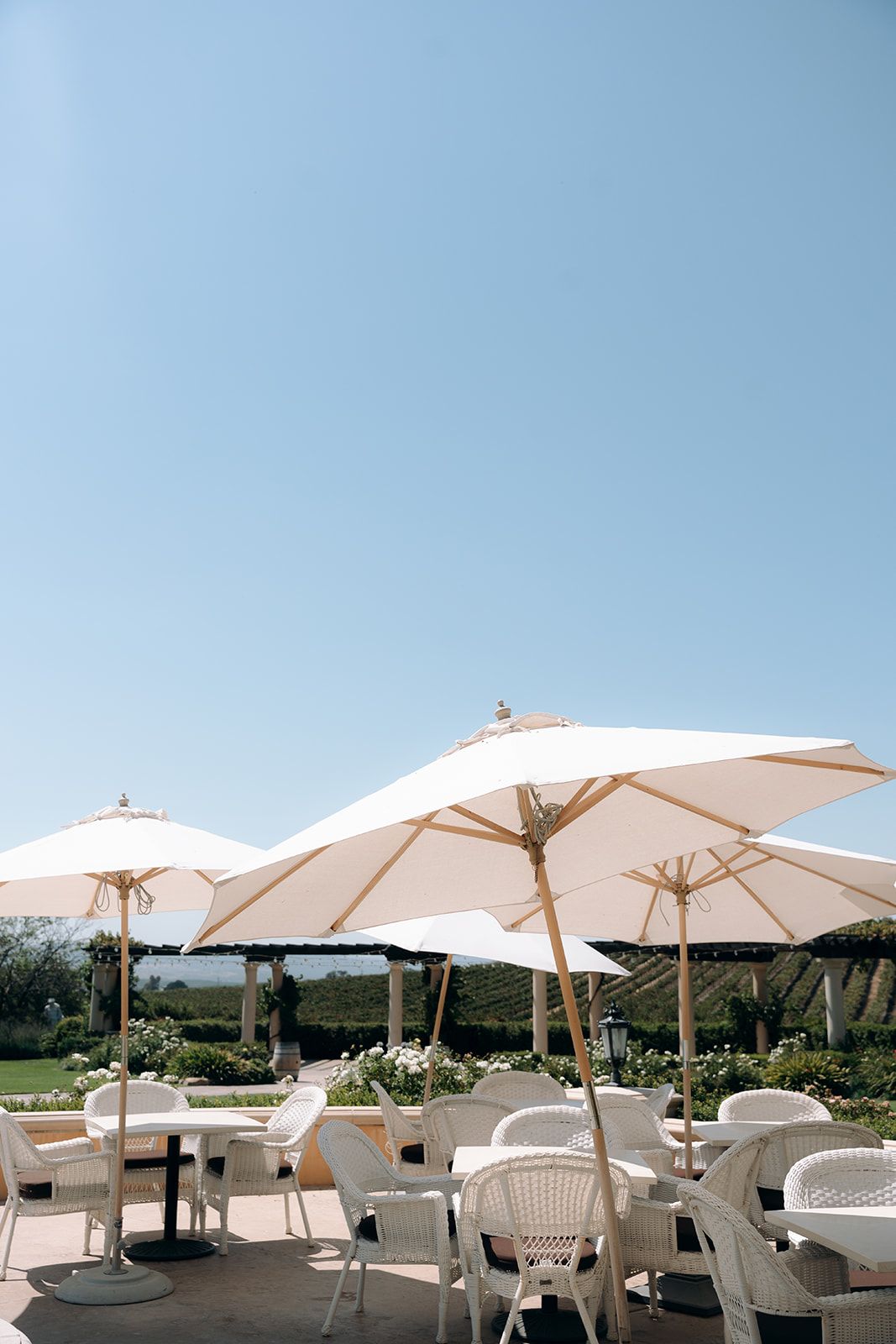 Outdoor patio seating at a San Luis Obispo wedding venue, featuring white wicker chairs and tables shaded by large umbrellas, with vineyard views and lush landscaping in the background.