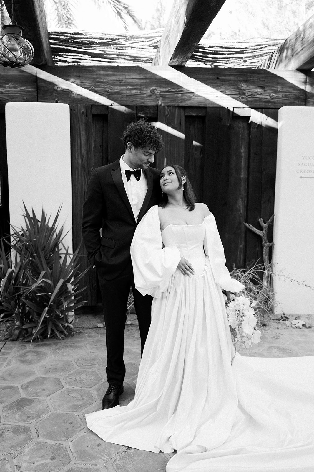Black-and-white portrait from a Joshua Tree House Tucson wedding