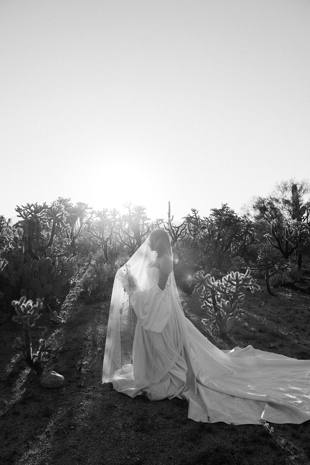 Soft black-and-white portrait from a Joshua Tree House Tucson wedding