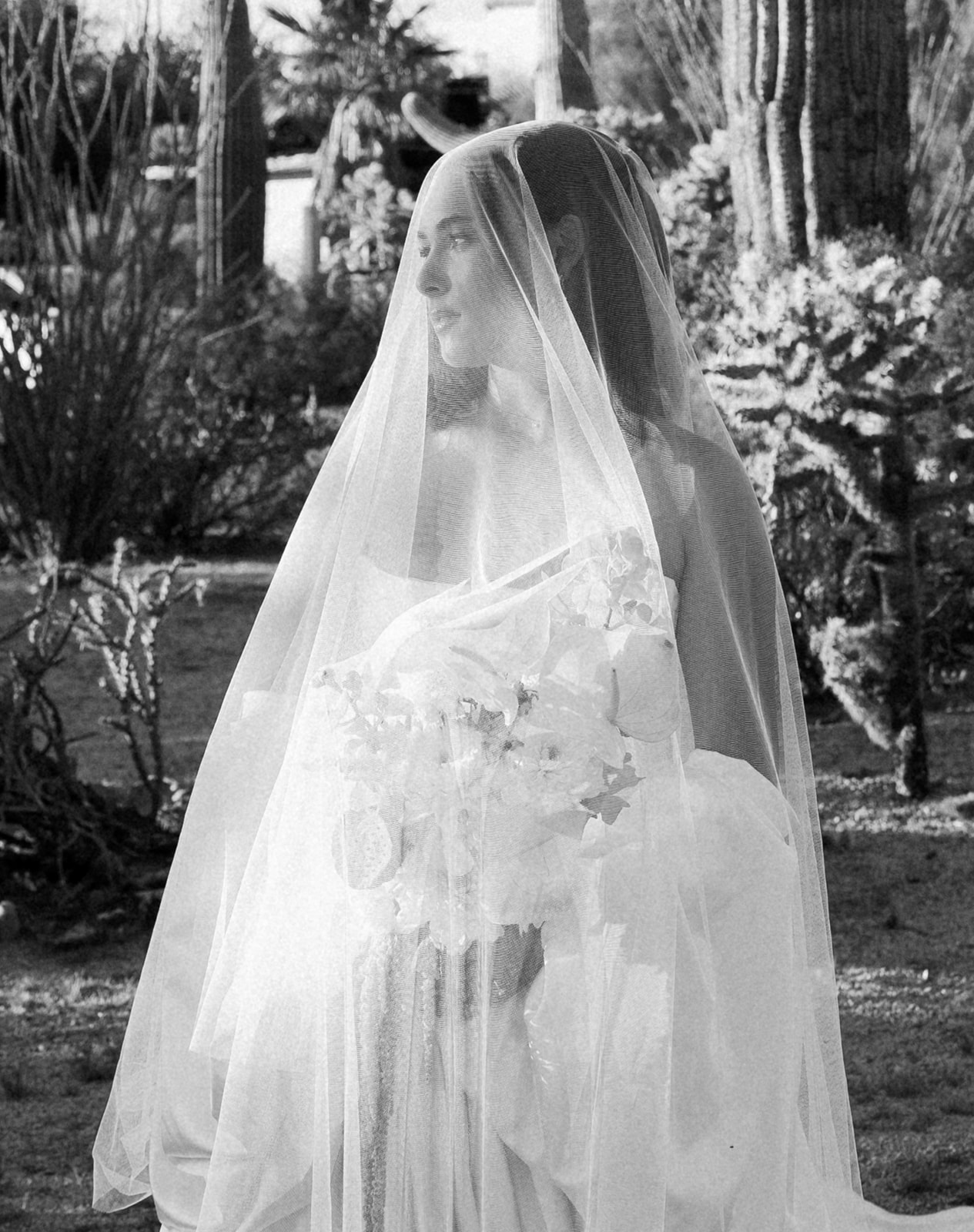 Veiled bride stands softly in desert light in black and white
