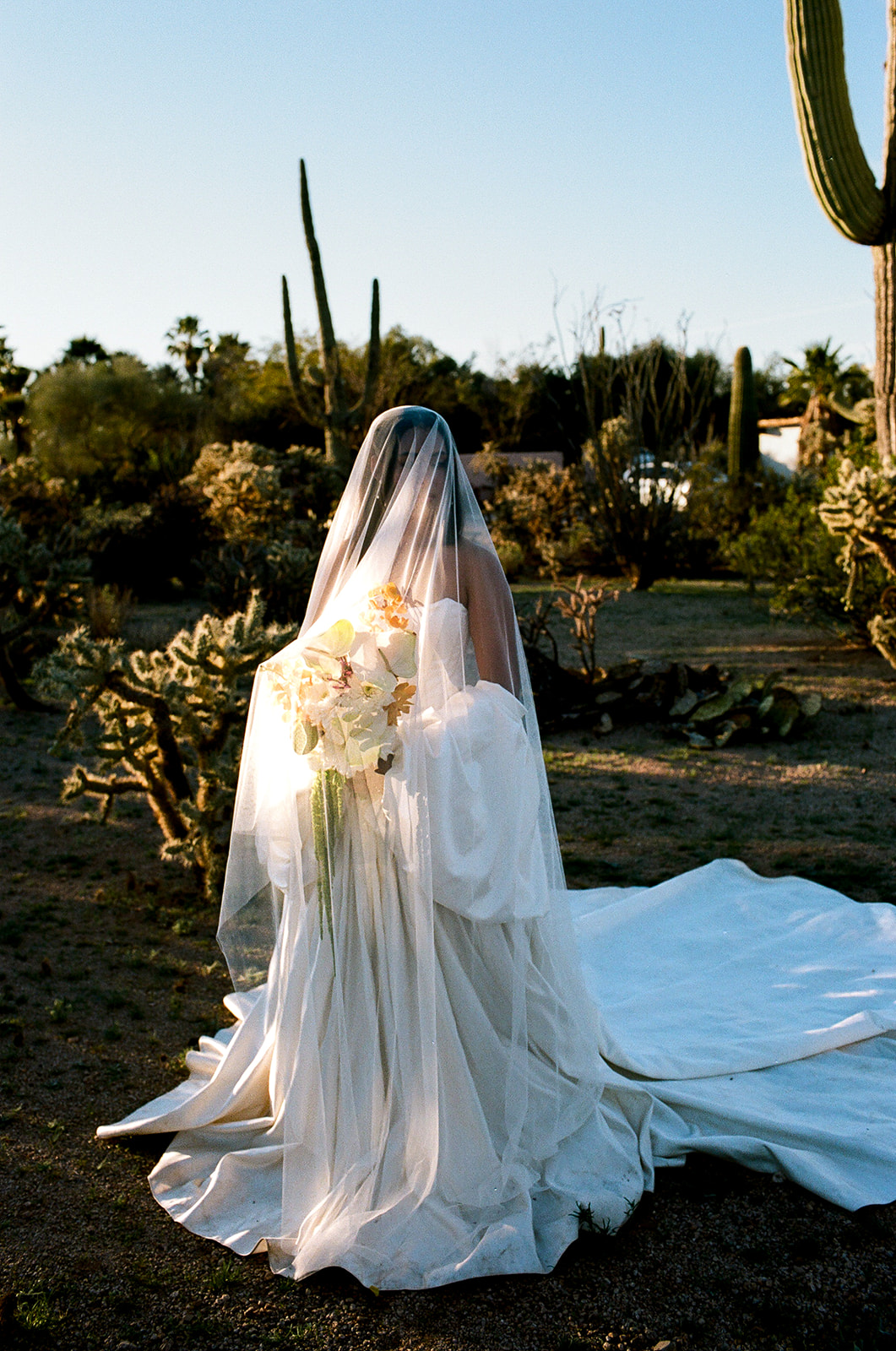 Bride walks through desert with long flowing veil