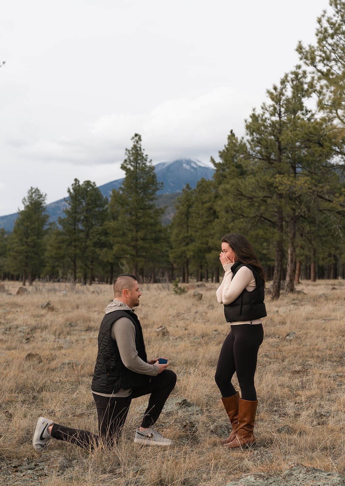 A wide shot of a man kneeling in a pine forest meadow holding a ring box as a woman covers her mouth in surprise, with snow-capped mountains visible in the distance.
