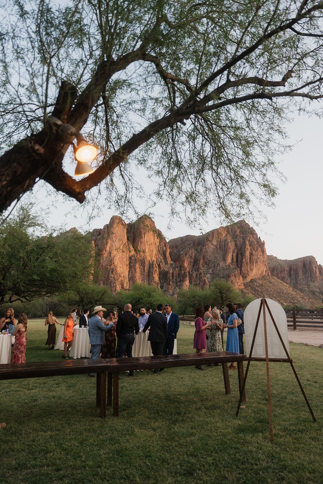 Guests mingling at dusk under a large tree with string lights and the rocky cliffs glowing in the background at Saguaro Lake Guest Ranch wedding venue in Mesa Arizona