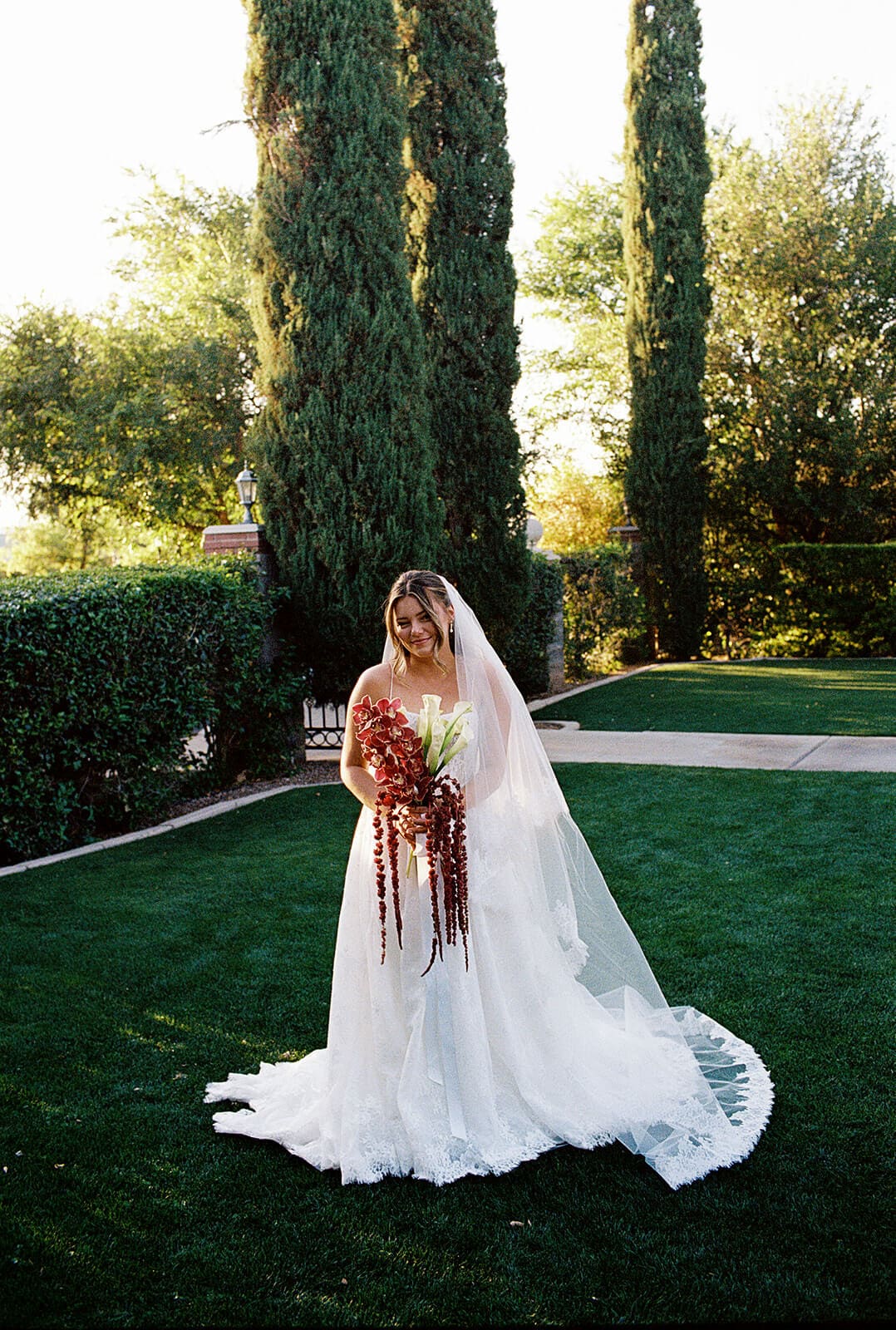 Bride standing alone on the lawn holding a dramatic red cascading bouquet at Stonebridge Manor garden wedding venue in Mesa Arizona
